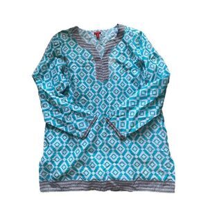 IZOD Blouse Top Tunic Kaftan XL Turquoise Blue White